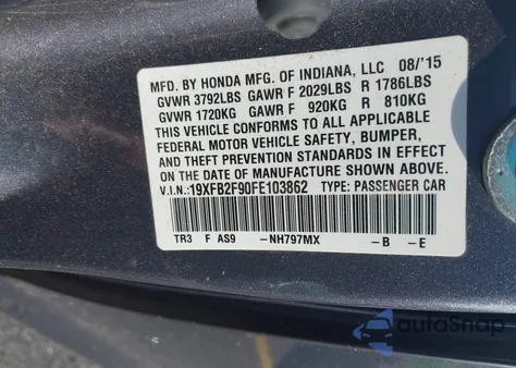 2015 Honda Civic Exl from USA, damaged, VIN 19XFB2F90FE103862